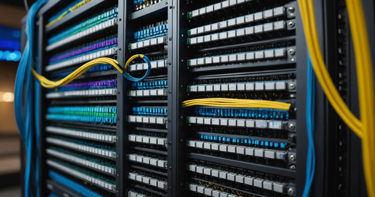 Network cabling and equipment racks in blue light