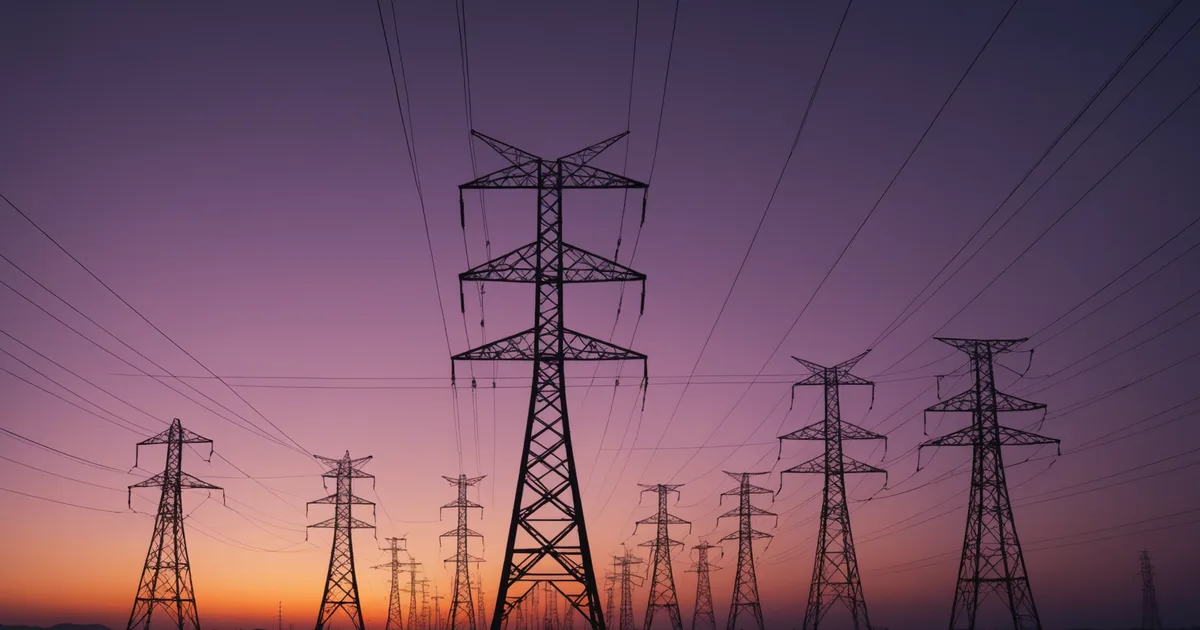 Electric power transmission towers at twilight
