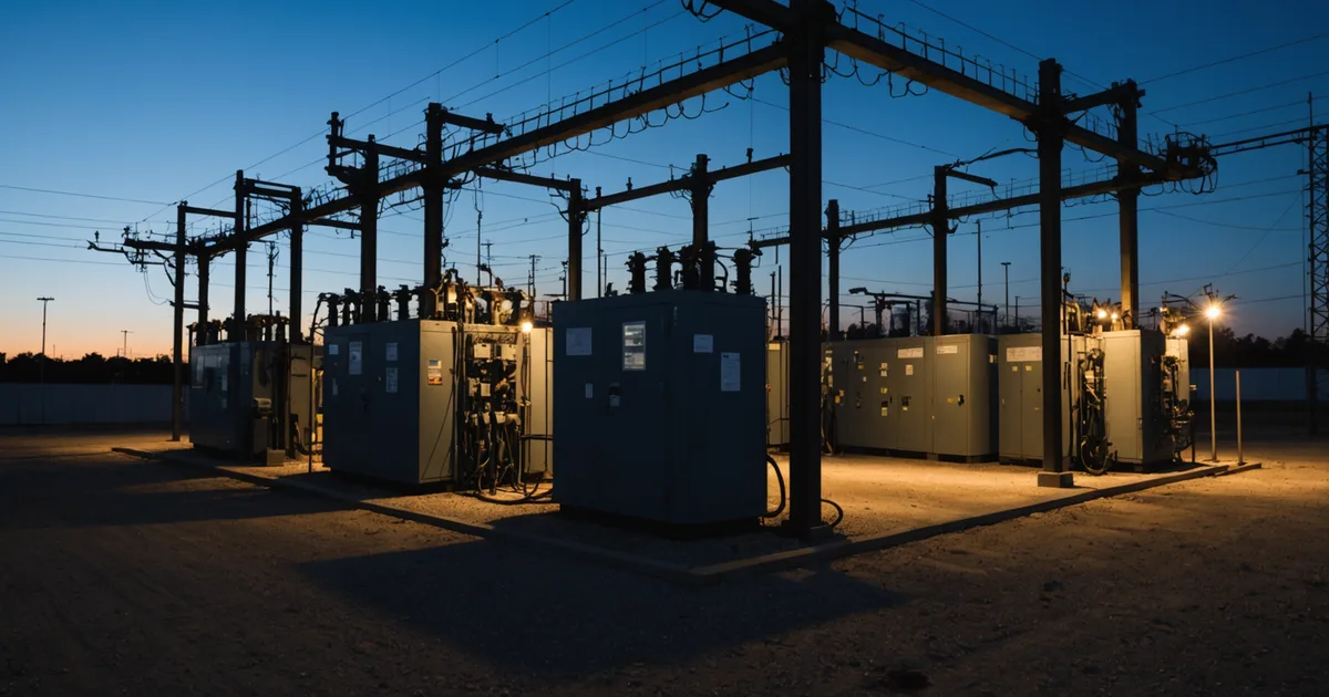 Substation at dusk partly in shadow