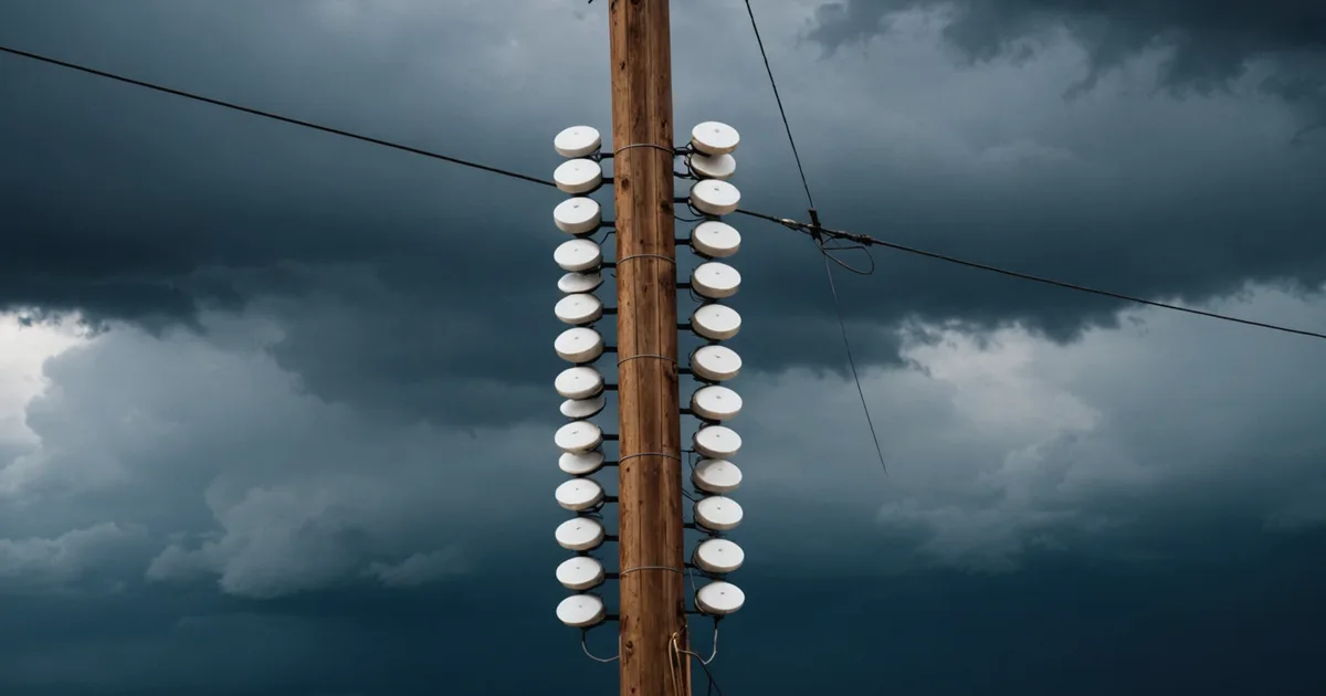 Distribution pole insulators against a storm sky